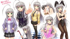 Anime girls green eyes school uniforms seifuku gray hair 