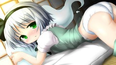 Anime girls green eyes short hair konpaku youmu gray hair 