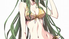 Anime girls green hair bikini boobs Simple Background original 