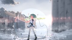 anime girls green hair twintails pantyhose Anime red eyes sky