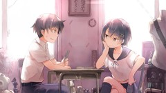 Anime girls indoors brunettes school uniforms short hair 