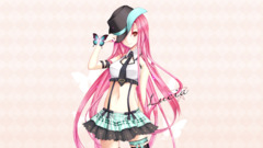 anime girls pink hair long hair red eyes thigh highs skirt Anime