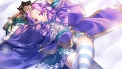 Anime girls purple hair purple eyes lying down crowns thigh 