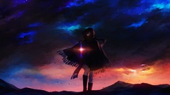 anime girls scarf purple eyes dark hair sunset Anime sky clouds