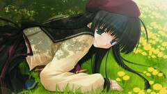 anime girls school uniform schoolgirl grass lying down sola