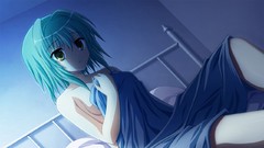 Anime girls short hair green hair seifuku game cg no bra