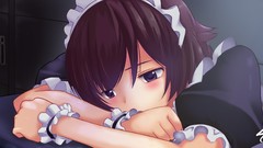Anime girls short hair purple eyes maid costumes head dress The 