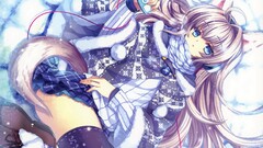 anime girls thigh highs blue eyes tail animal ears scarf winter