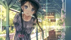 anime girls train station digital art kantoku Anime hat Flowers