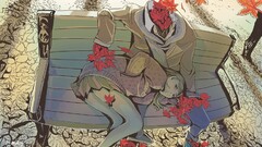 anime girls Women leaves bench outdoors legs miniskirt Anime