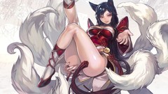 Anime girls yellow eyes black hair nekomimi animal ears tails 