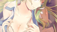 Anime girls yellow eyes kochiya sanae green hair bare shoulders 