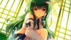 Anime girls yellow eyes kochiya sanae green hair touhou miko 