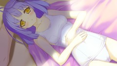 Anime girls yellow eyes purple hair swimsuits