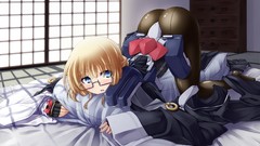 Anime glasses gloves blush anime girls blue eyes pantyhose 