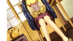 Anime glasses sitting skirts anime girls green eyes brunettes 