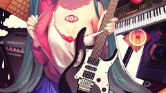 Anime glasses synthesizer guitars skirts anime girls green eyes 