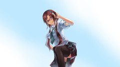 Anime glasses tie shirts skirts smiling long hair anime girls 