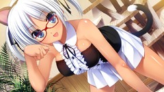Anime glasses white hair blue eyes waitress animal ears tails 