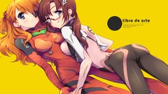 Anime glasses yellow background anime girls brunettes asuka 