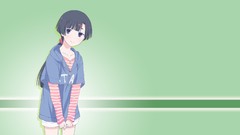 Anime green background anime girls blue eyes ponytails black 