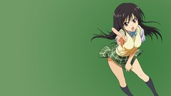 Anime green background skirts anime girls brown eyes brunettes 