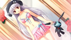 Anime hats red eyes gray hair suika game cg bikini