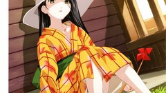 Anime hats sitting anime girls yellow eyes black hair panties 