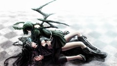 Anime horns boots blue eyes green eyes black rock shooter black 