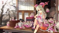 Anime horns Chibi Ribbons blondes asians skirts long hair anime 