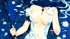 Anime horns cleavage Uni no bra open shirt