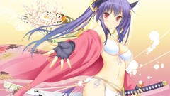 Anime horns red eyes long hair lingerie purple hair cleavage 
