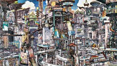 Anime imperial boy digital art fantasy city colorful billboards