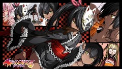 Anime kimono masks anime girls yellow eyes black hair tails 