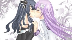 Anime kissing anime girls black hair purple hair yuri lesbians