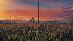 Anime landscape field Plants vehicle anime boys anime girls sky