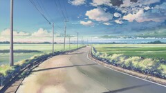 Anime landscape outdoors power lines road sky clouds