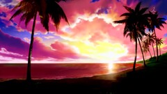 Anime landscape palm trees beach sky colorful sun