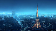 Anime landscape Tokyo Tower Japan blue cyan