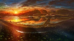Anime landscape village rice sunset