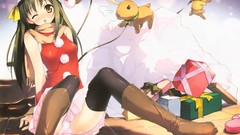 Anime long hair anime girls brown eyes wink black hair Santa 