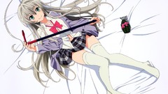 Anime navel long hair anime girls green eyes seifuku gray hair 