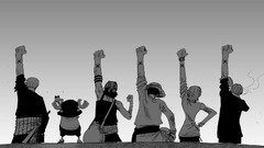 Anime One Piece monochrome back white background arms up Usopp