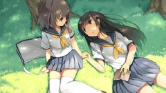 Anime outdoors anime girls blue eyes brunettes school uniforms