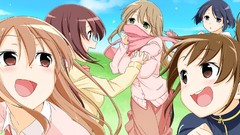 Anime outdoors blue hair long hair anime girls blue eyes green 