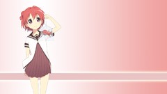 Anime pink background anime girls school uniforms short hair 