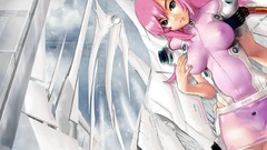 Anime pink hair lying down nipples through clothing tight 