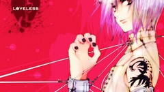 Anime red background loveless purple hair anime boys Ritsuka 