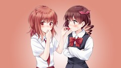 Anime red background strawberries anime girls brunettes school 