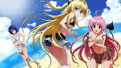 Anime red eyes Beaches outdoors blondes blue hair pink hair 